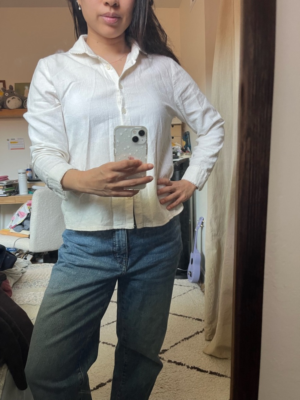 Women's White Button-Front Collared Shirt (Olive clothing brand)